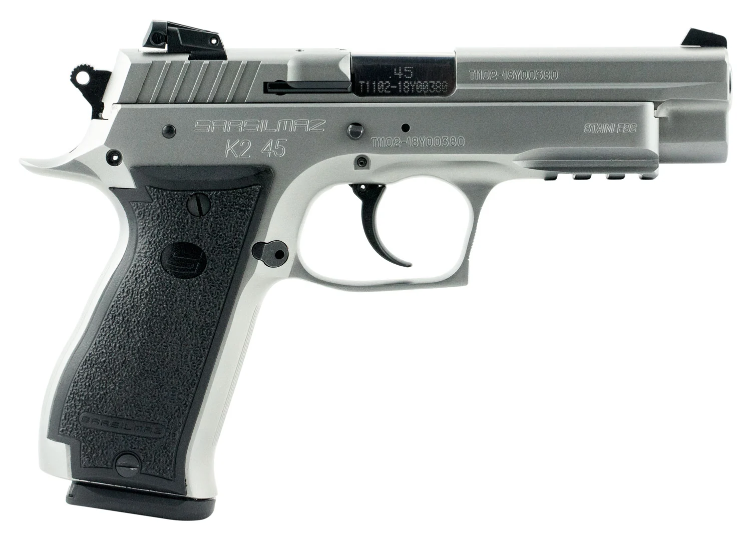 SAR USA K245ST K2 45 ACP 14+1, 4.70" Black Steel Barrel, Stainless Steel Serrated Slide, Stainless Steel Frame w/Beavertail & Picatinny Rail, Black Polymer Grip, Manual Thumb Safety, Right Hand
